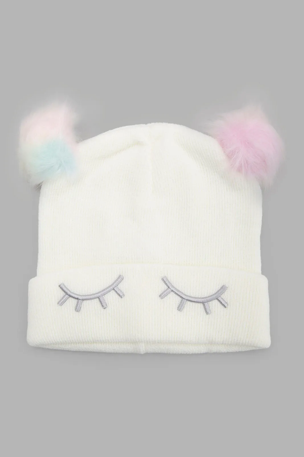 Girls Assorted Pom Pom Embellished Fur Knitted Cap (Pack Of 2)