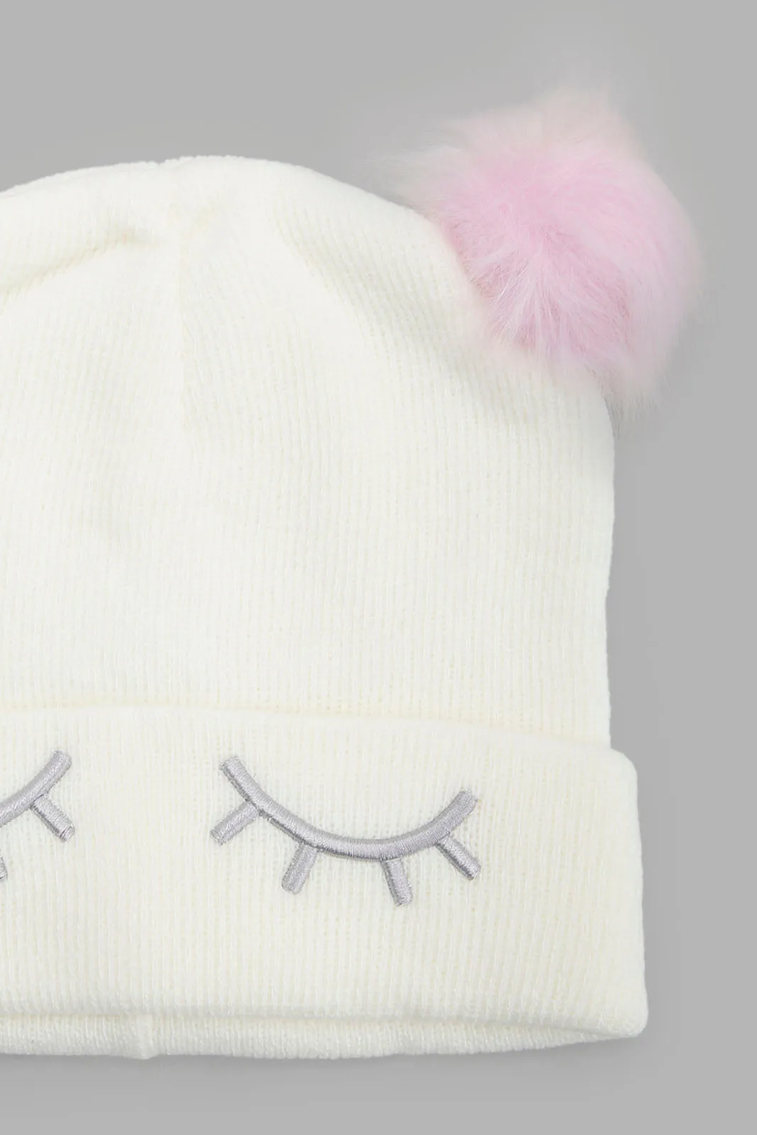 Girls Assorted Pom Pom Embellished Fur Knitted Cap (Pack Of 2)