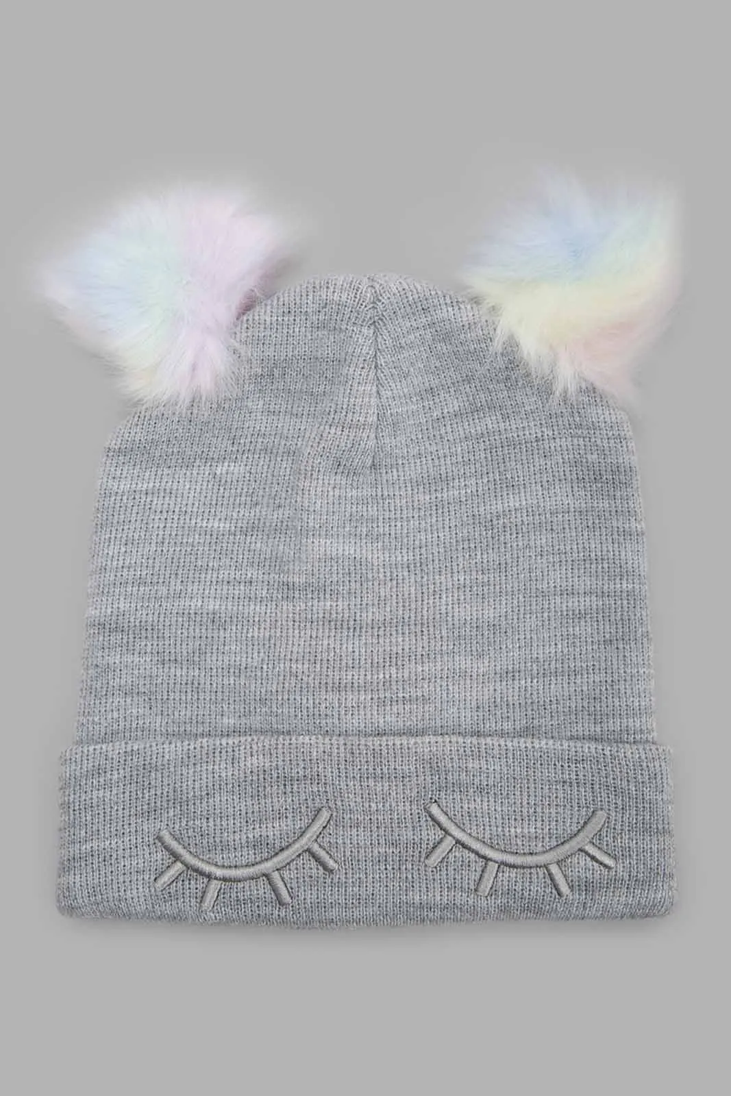 Girls Assorted Pom Pom Embellished Fur Knitted Cap (Pack Of 2)