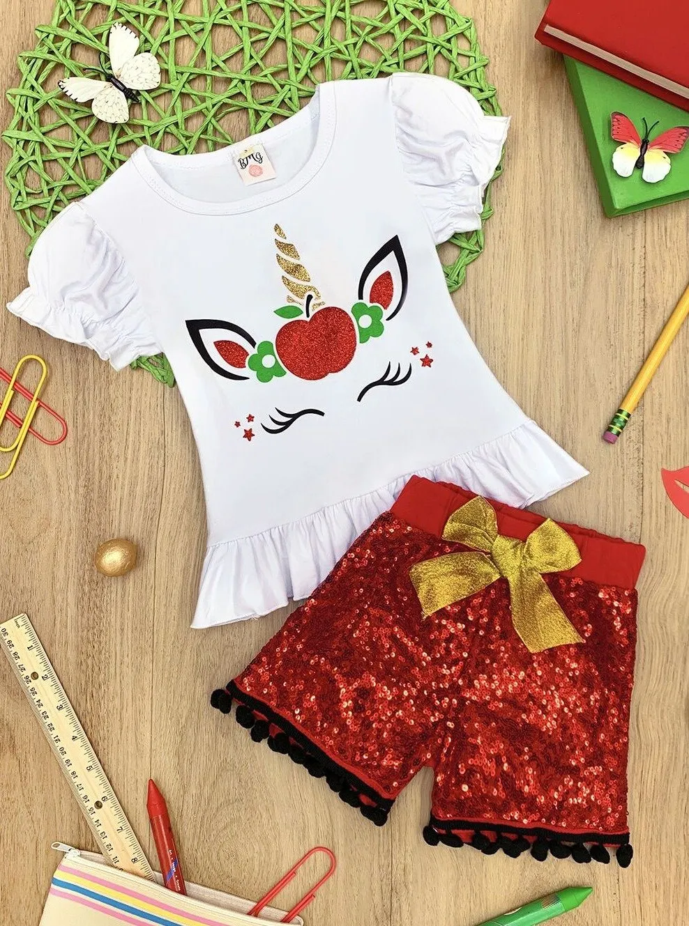 Girls Glittered Apple Unicorn Ruffled Top & Sequin Bow Pom Pom Shorts