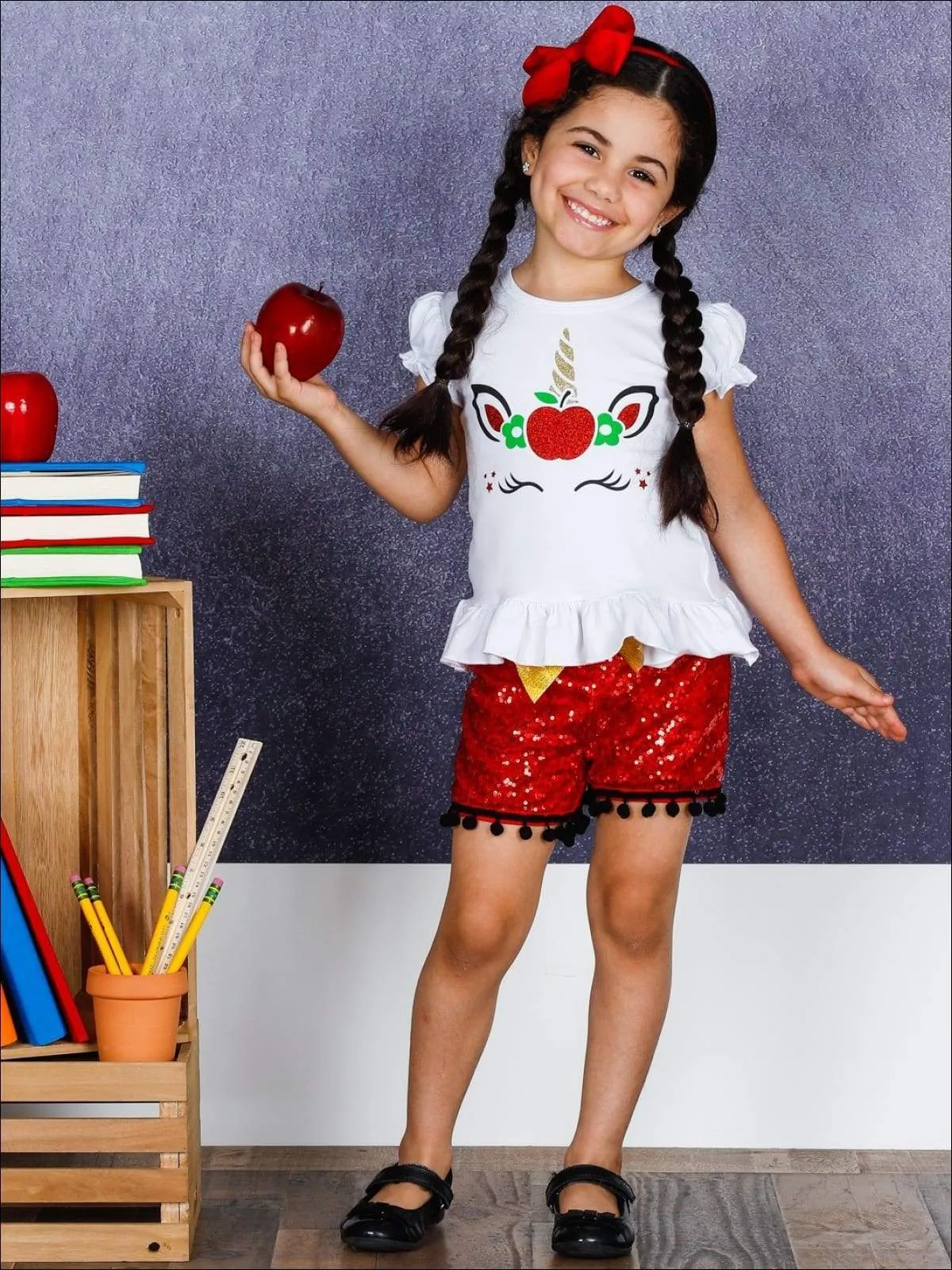 Girls Glittered Apple Unicorn Ruffled Top & Sequin Bow Pom Pom Shorts