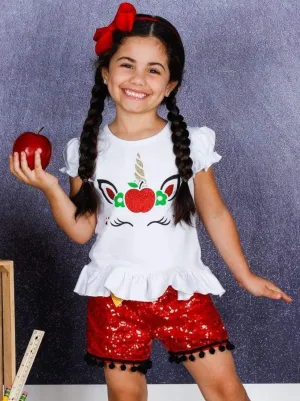 Girls Glittered Apple Unicorn Ruffled Top & Sequin Bow Pom Pom Shorts