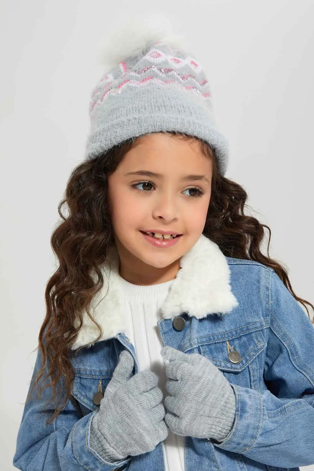 Girls Grey Embellished Knitted Set (2 Piece)