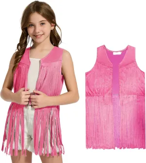 Girls Kids Fringe Vest 60s 70s Hippie Vest Sleeveless Cowgirl Western Faux Suede Tassel Leather Jacket for Halloween