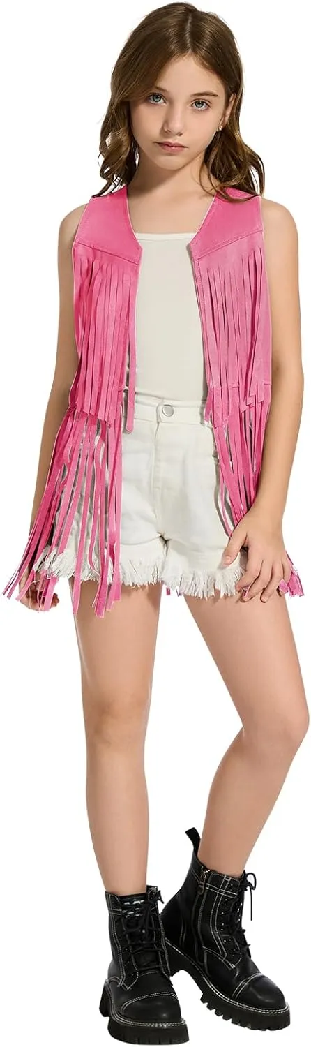 Girls Kids Fringe Vest 60s 70s Hippie Vest Sleeveless Cowgirl Western Faux Suede Tassel Leather Jacket for Halloween