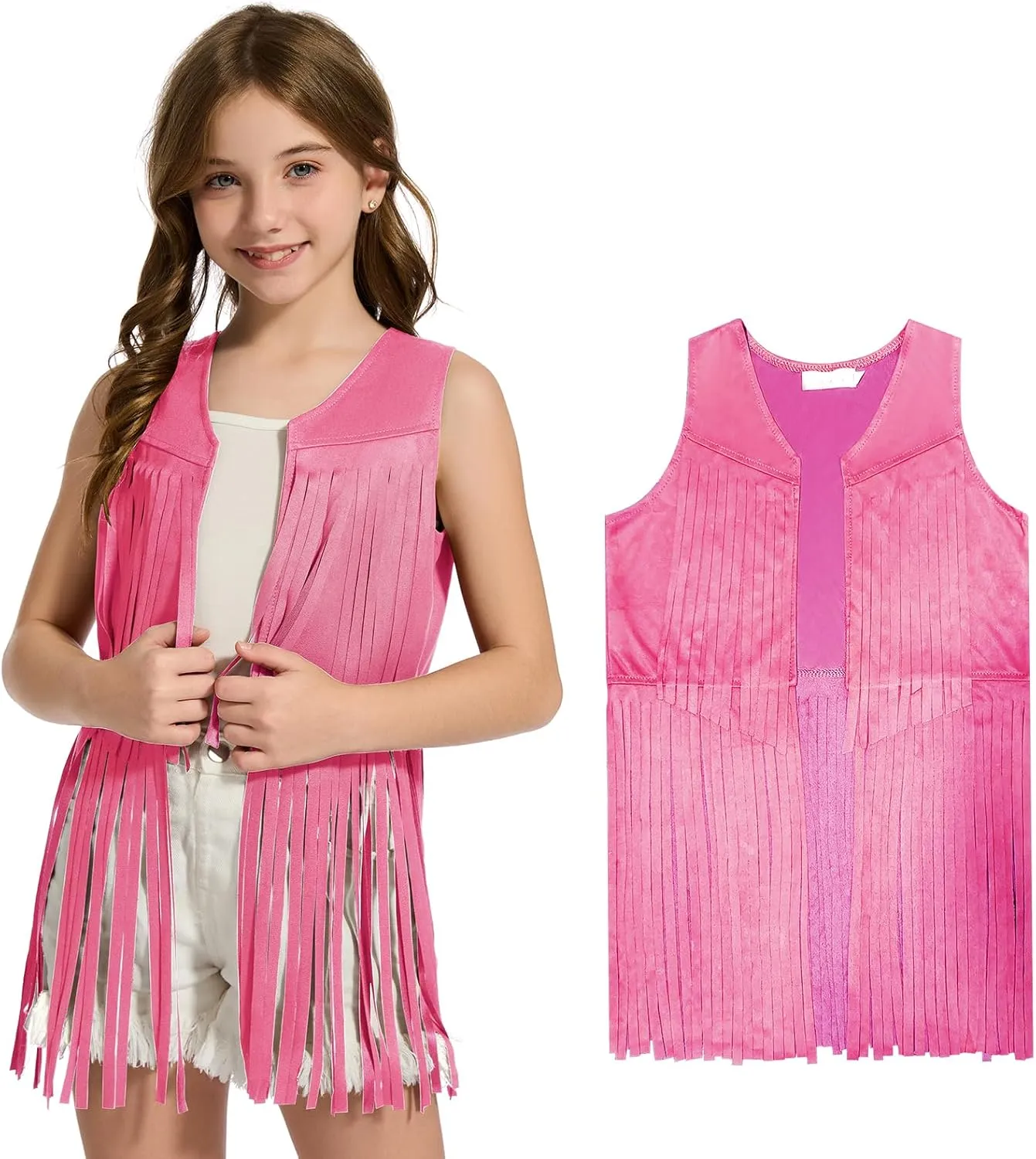 Girls Kids Fringe Vest 60s 70s Hippie Vest Sleeveless Cowgirl Western Faux Suede Tassel Leather Jacket for Halloween