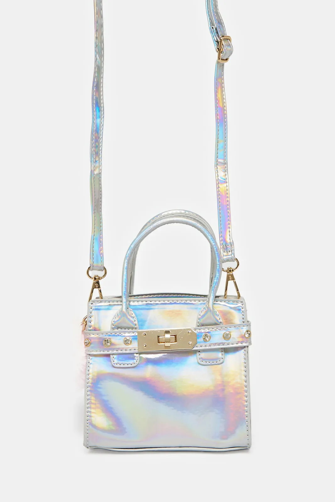 Girls Silver Day Bag With Pom Pom