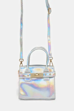 Girls Silver Day Bag With Pom Pom