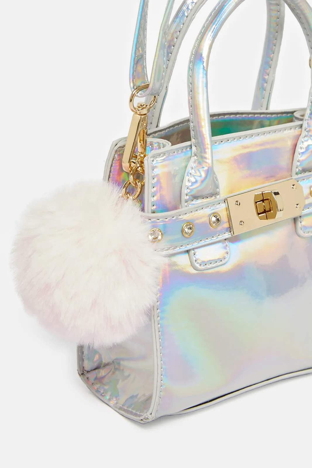 Girls Silver Day Bag With Pom Pom