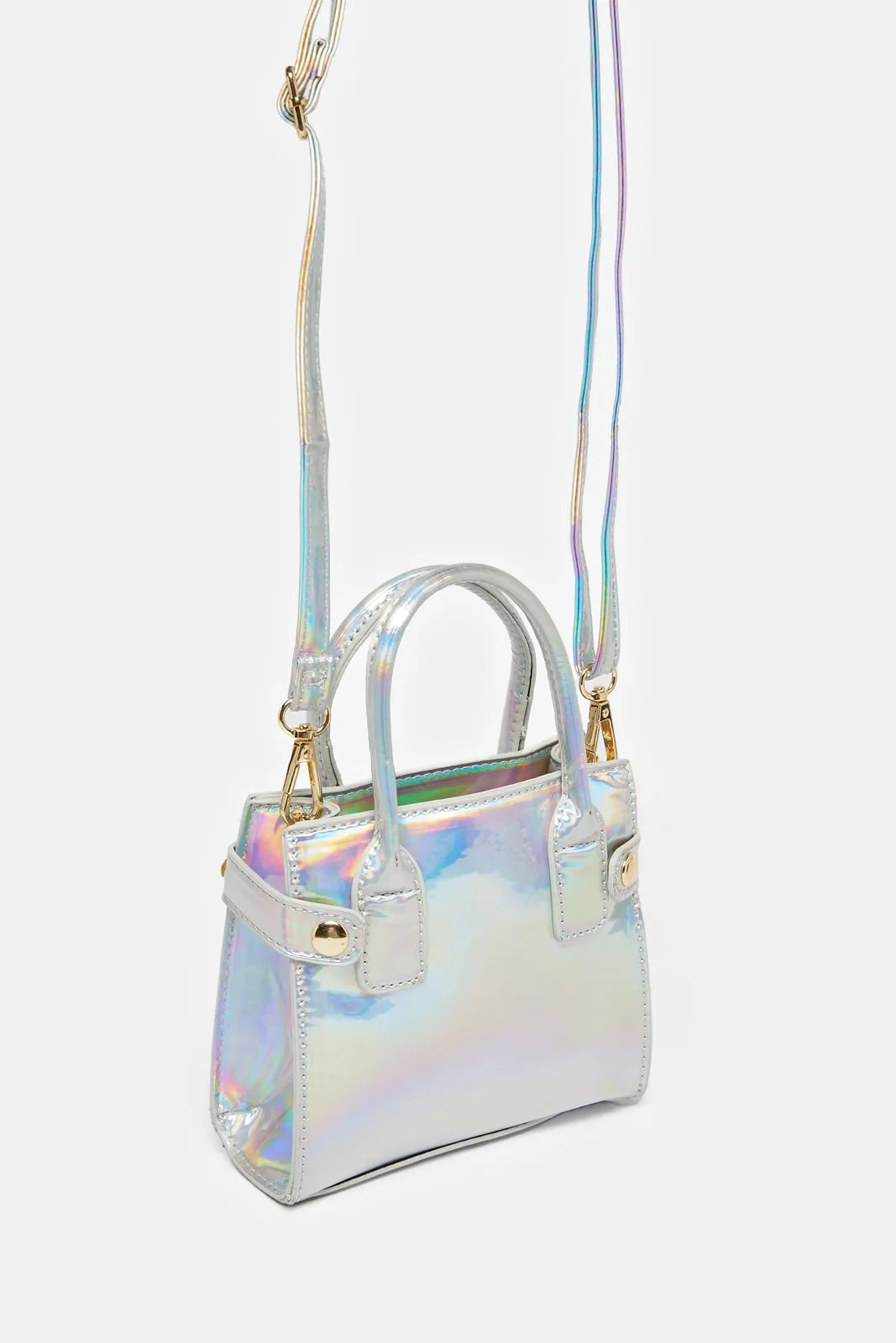 Girls Silver Day Bag With Pom Pom