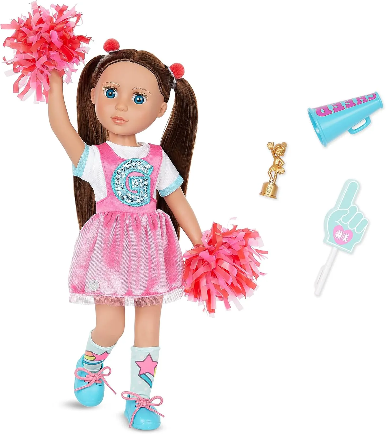 Glitter Girls – Alfie 14-inch Poseable Cheerleader Doll – Brown Hair & Blue Eyes ¬– Pom Poms, Pink Romper Dress, Hair Clips, Megaphone – Toys & Cheer Accessories for Kids Ages 3 