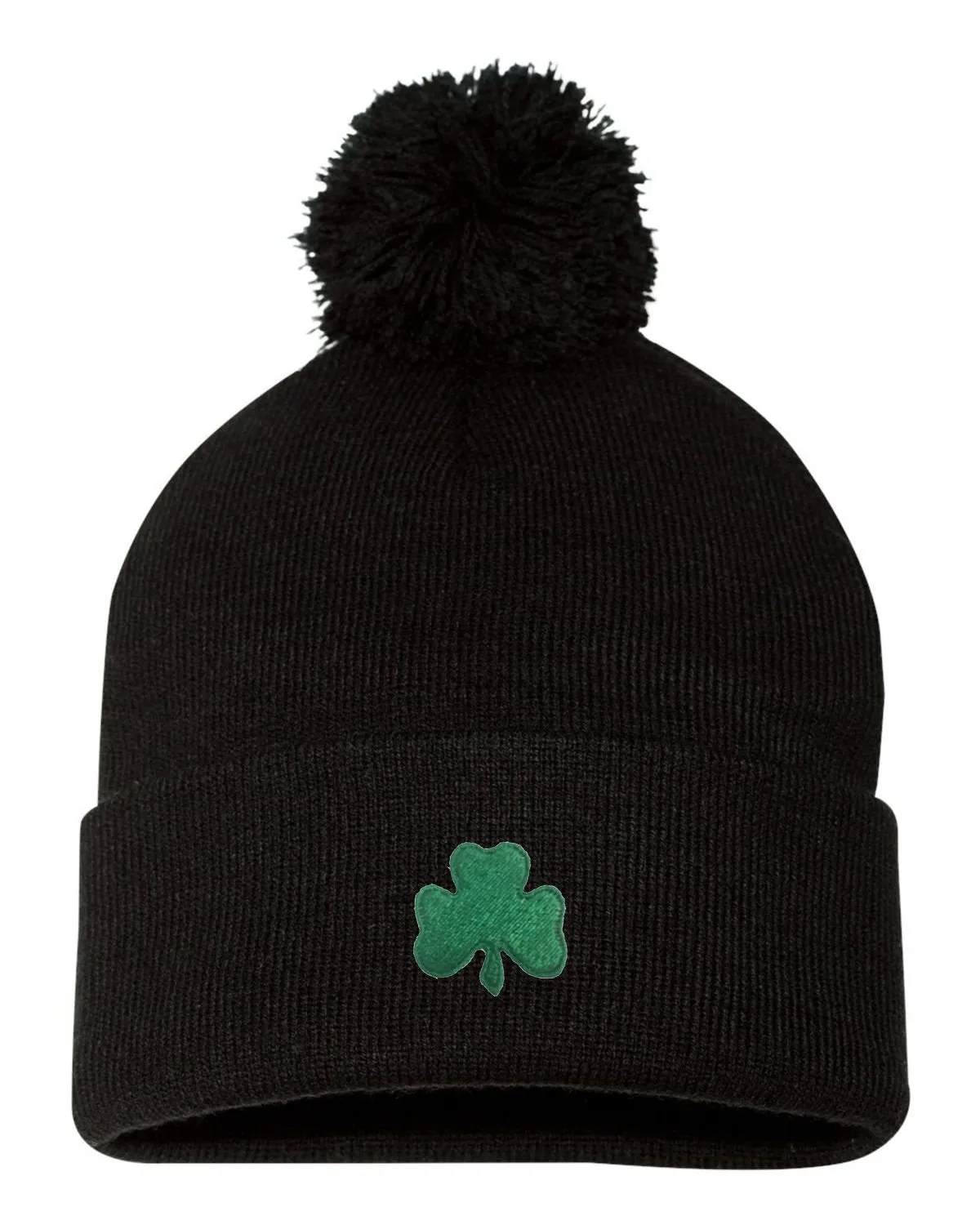 Go All Out One Size Black Pom Shamrock St. Patrick's Day Embroidered Knit Beanie Pom Cap