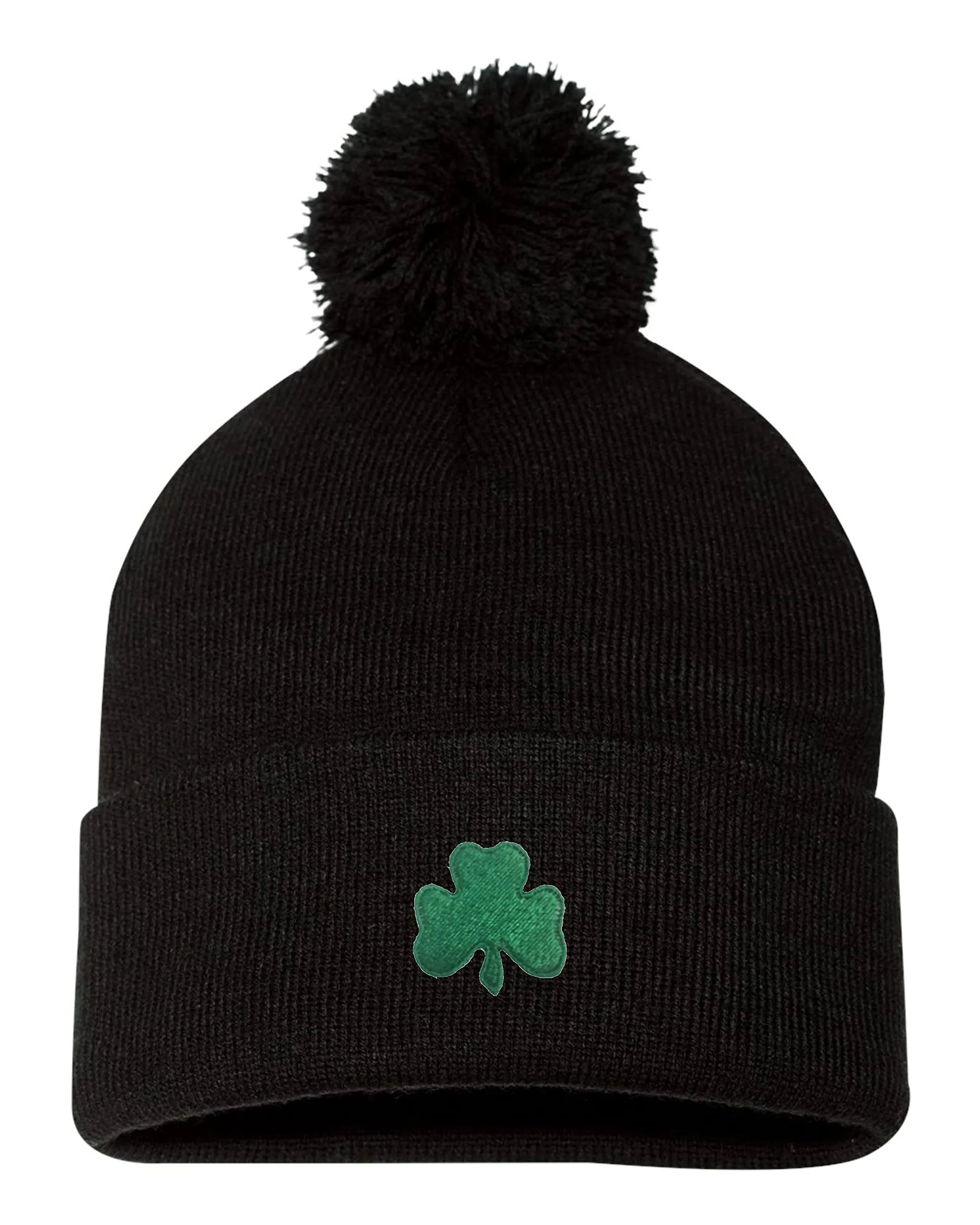 Go All Out One Size Black Pom Shamrock St. Patrick's Day Embroidered Knit Beanie Pom Cap