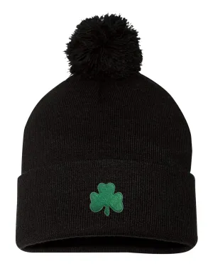 Go All Out One Size Black Pom Shamrock St. Patrick's Day Embroidered Knit Beanie Pom Cap