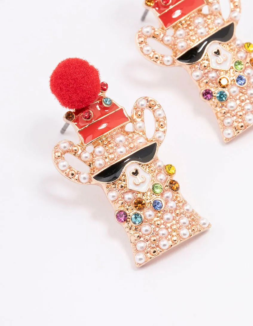 Gold Pom Pom Llama Christmas Stud Earrings
