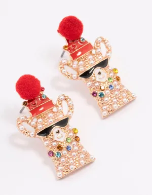 Gold Pom Pom Llama Christmas Stud Earrings
