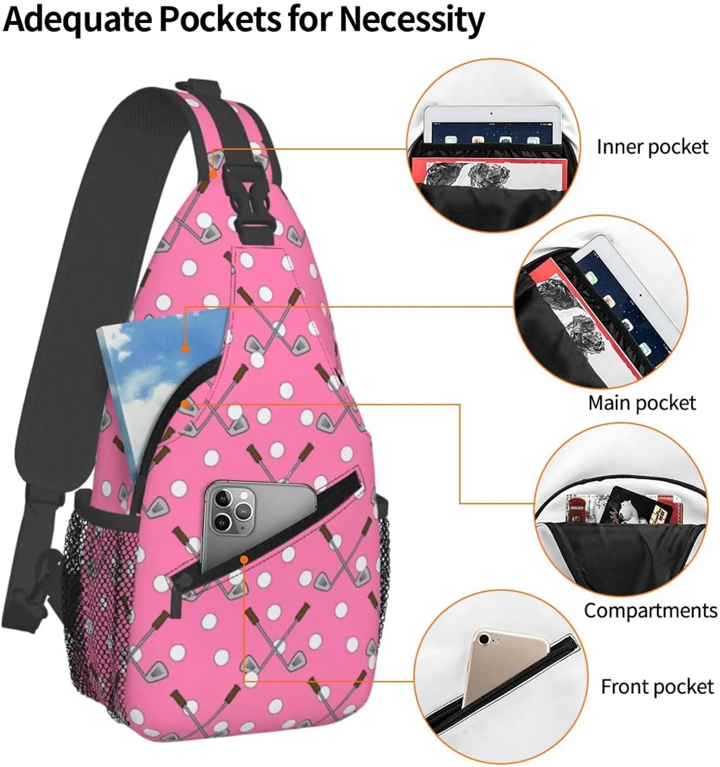 Golf Print Sling Bags Crossbody Backpack Hiking Daypack Multipurpose Golf Chest Bag for Women Men