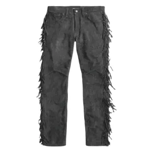 Grey Suede Leather Fringe Pants Jeans Style For Men Western Pant MFP1115