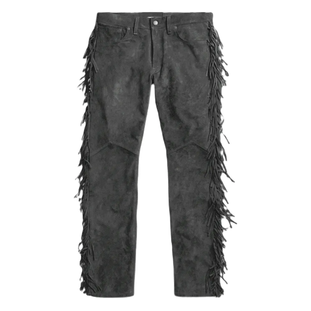 Grey Suede Leather Fringe Pants Jeans Style For Men Western Pant MFP1115