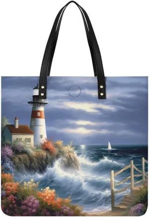 Grocery Bags Lighthouse Bag for Women Lightweight Beach Bag Shoulder Bags for Travel Shopping Work Handbag