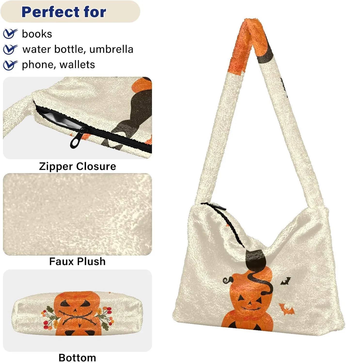 Halloween Objects Cute Black Cat Sits Women Plush Shoulder Bag, Shoulder Bags for Women, Autumn Handbags