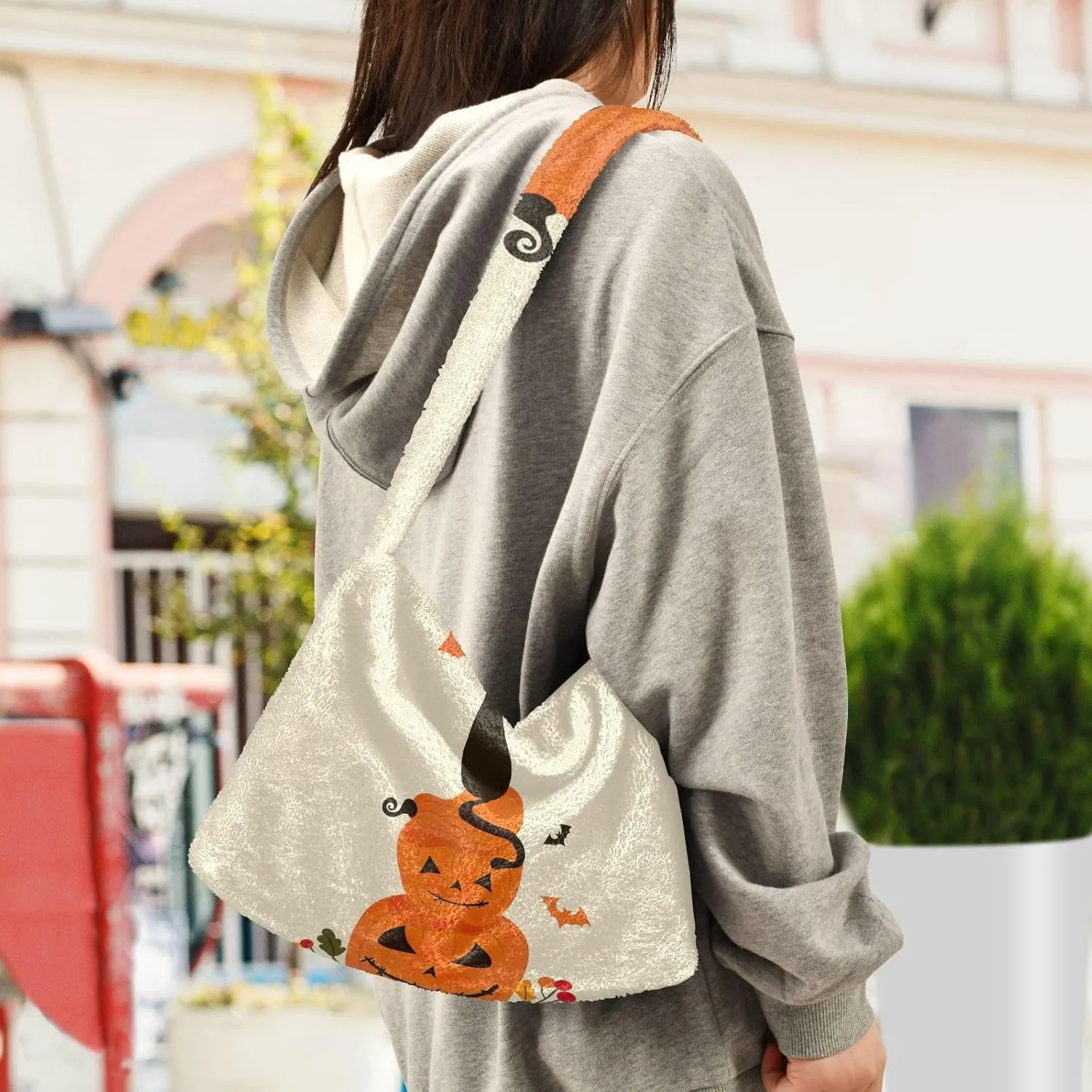 Halloween Objects Cute Black Cat Sits Women Plush Shoulder Bag, Shoulder Bags for Women, Autumn Handbags