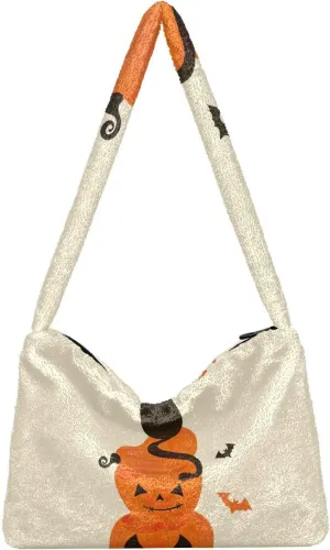Halloween Objects Cute Black Cat Sits Women Plush Shoulder Bag, Shoulder Bags for Women, Autumn Handbags