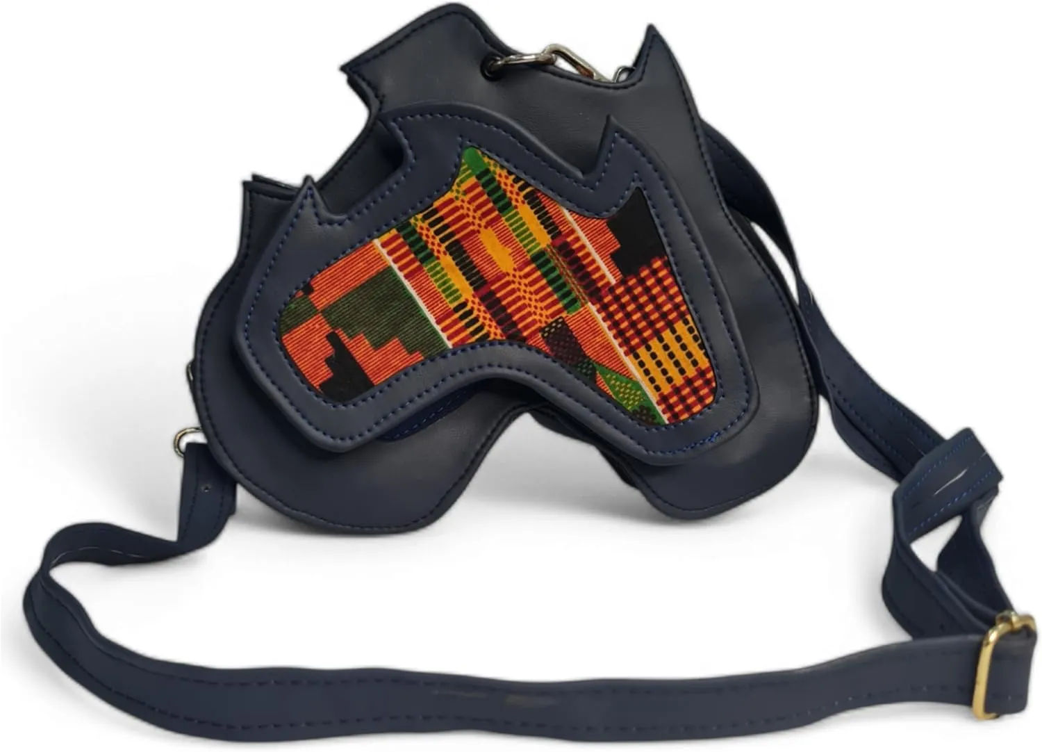 Handmade Africa-Shaped Leather Cross Bag With Zipper | Shoulder Bag with Kente Print, Unisex Bag