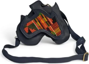 Handmade Africa-Shaped Leather Cross Bag With Zipper | Shoulder Bag with Kente Print, Unisex Bag
