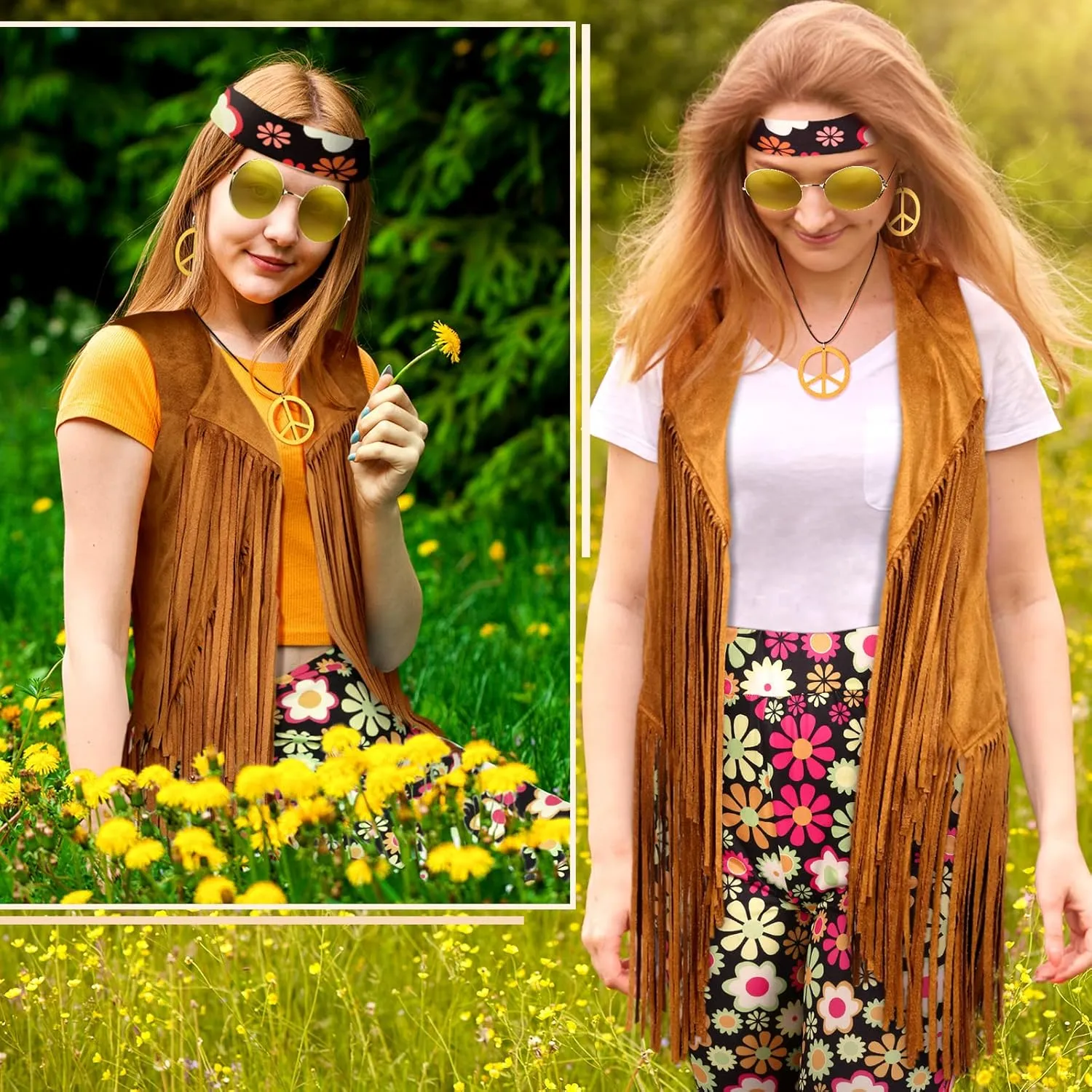 Haull 7 Pcs 60s 70s Outfits for Women Hippie Costume Set Boho Flared Pants Fringe Vest Peace Sign Accessories Set