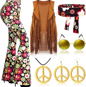 Haull 7 Pcs 60s 70s Outfits for Women Hippie Costume Set Boho Flared Pants Fringe Vest Peace Sign Accessories Set
