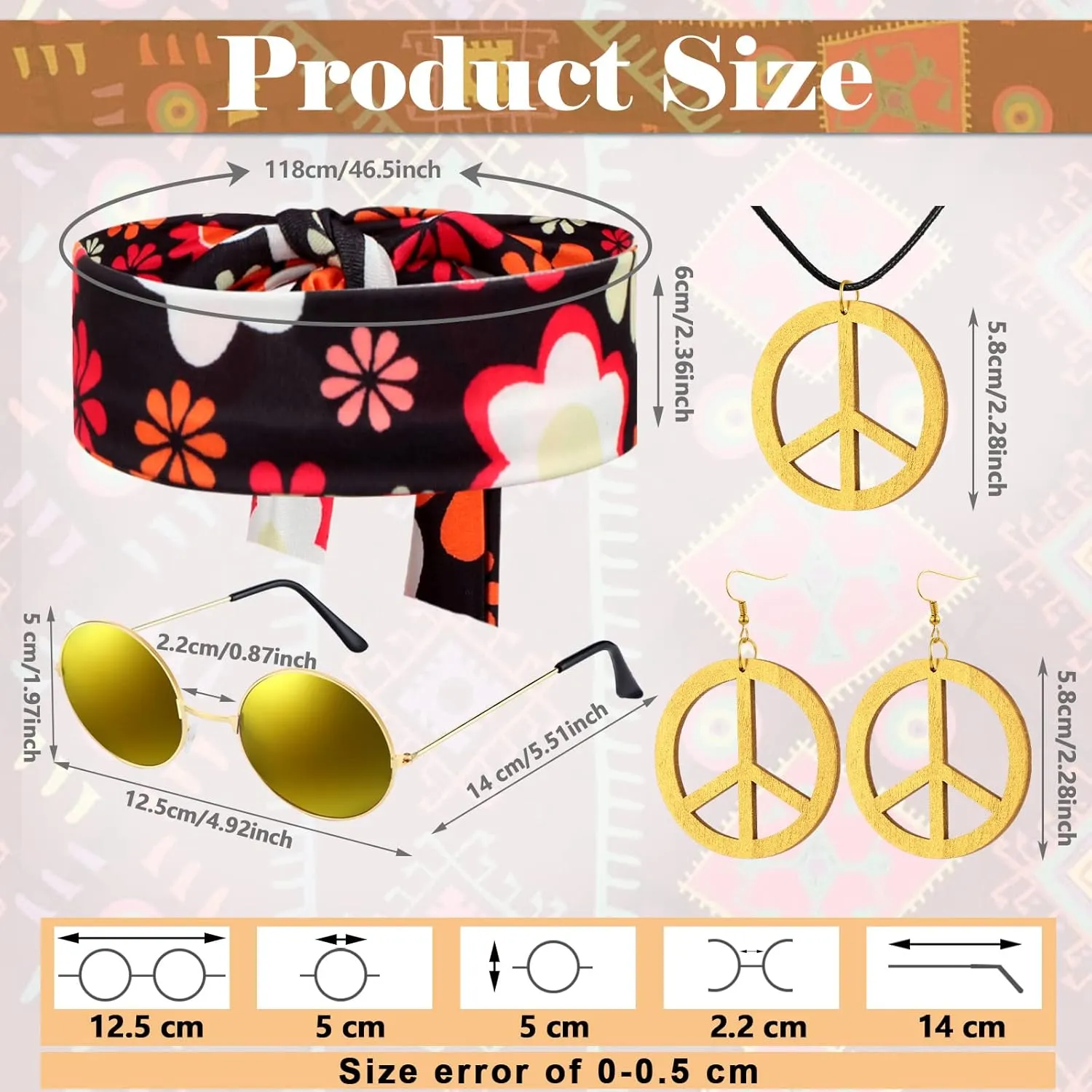 Haull 7 Pcs 60s 70s Outfits for Women Hippie Costume Set Boho Flared Pants Fringe Vest Peace Sign Accessories Set