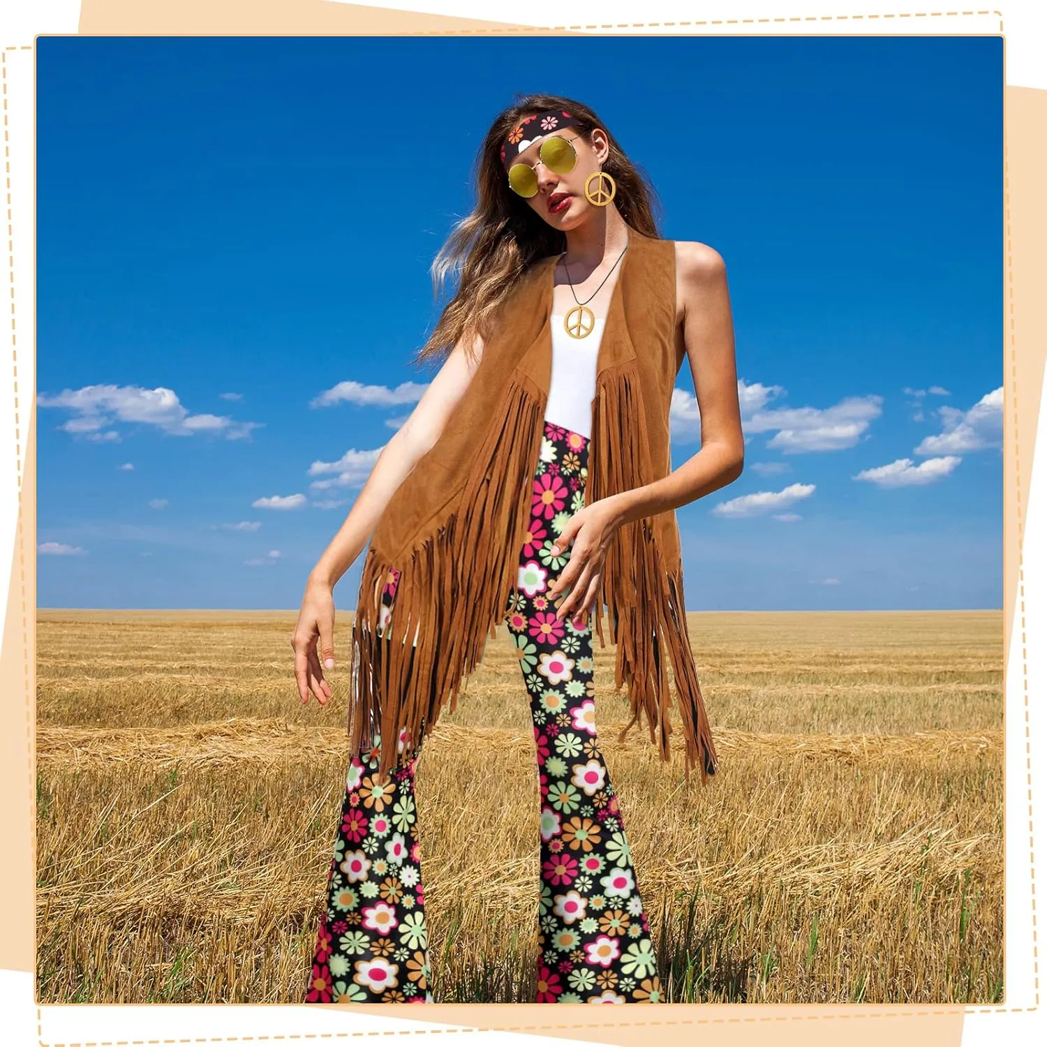 Haull 7 Pcs 60s 70s Outfits for Women Hippie Costume Set Boho Flared Pants Fringe Vest Peace Sign Accessories Set