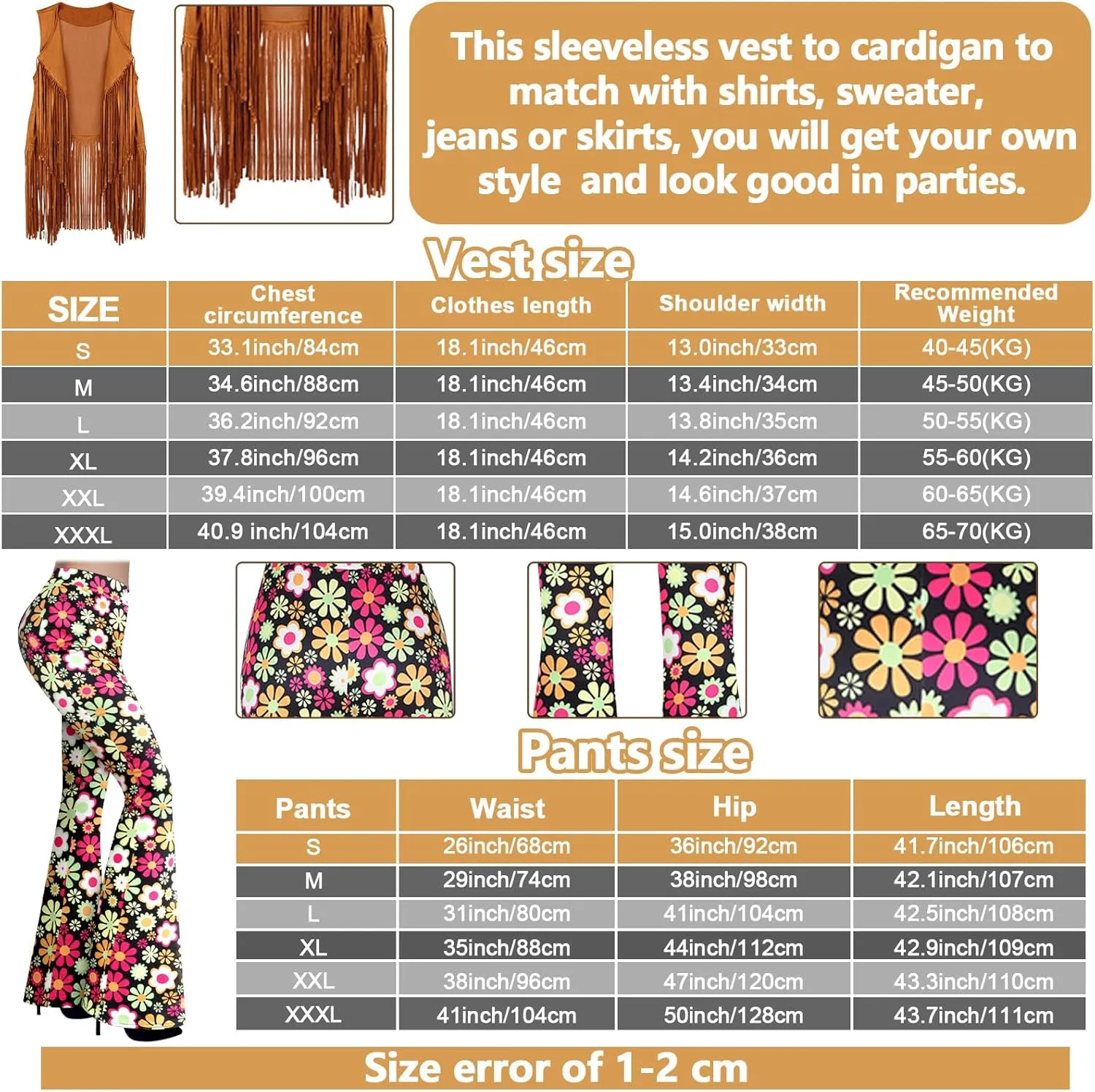 Haull 7 Pcs 60s 70s Outfits for Women Hippie Costume Set Boho Flared Pants Fringe Vest Peace Sign Accessories Set