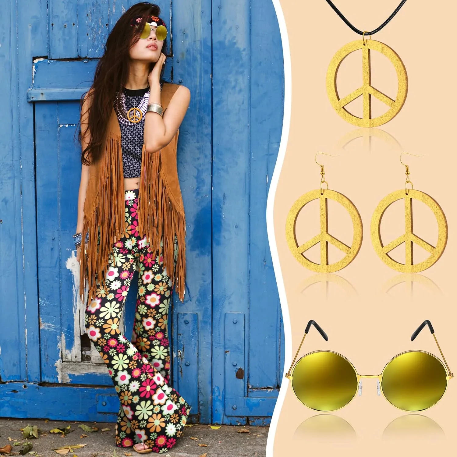 Haull 7 Pcs 60s 70s Outfits for Women Hippie Costume Set Boho Flared Pants Fringe Vest Peace Sign Accessories Set