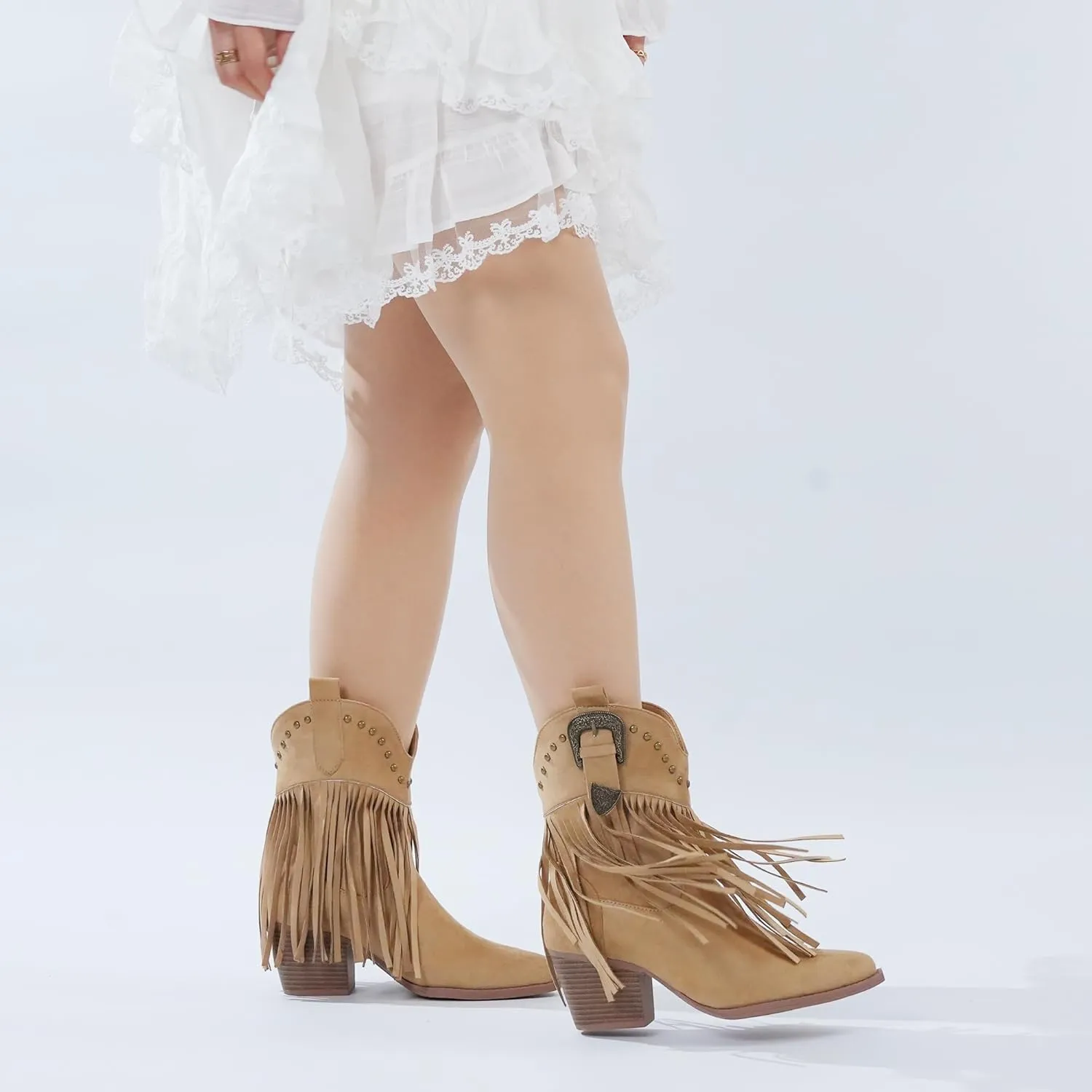 Hawkwell Women's Fringe Cowboy Cowgirl Boots Snip Toe Pull On Dress Western Ankle Booties