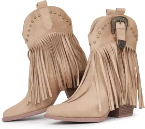 Hawkwell Women's Fringe Cowboy Cowgirl Boots Snip Toe Pull On Dress Western Ankle Booties