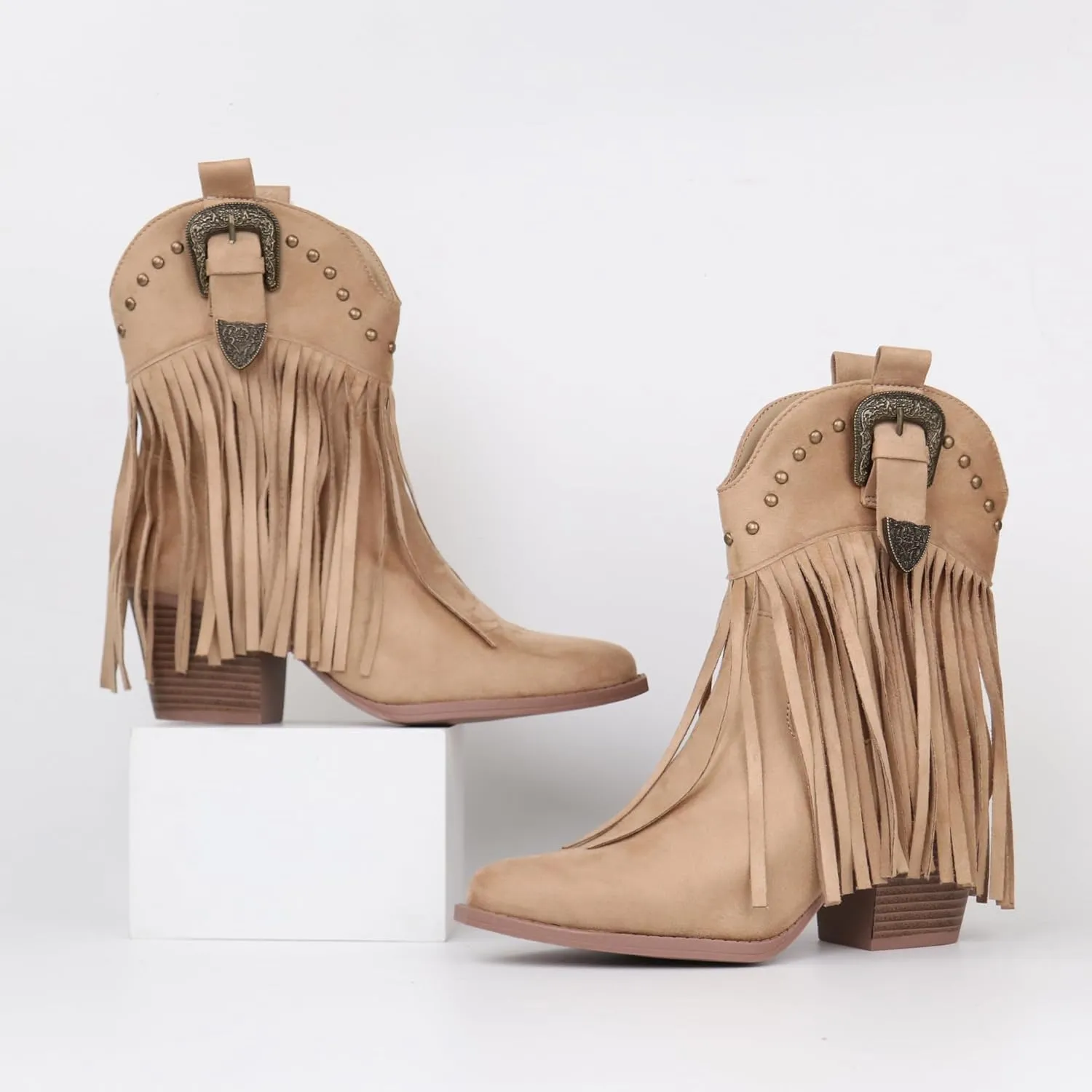 Hawkwell Women's Fringe Cowboy Cowgirl Boots Snip Toe Pull On Dress Western Ankle Booties