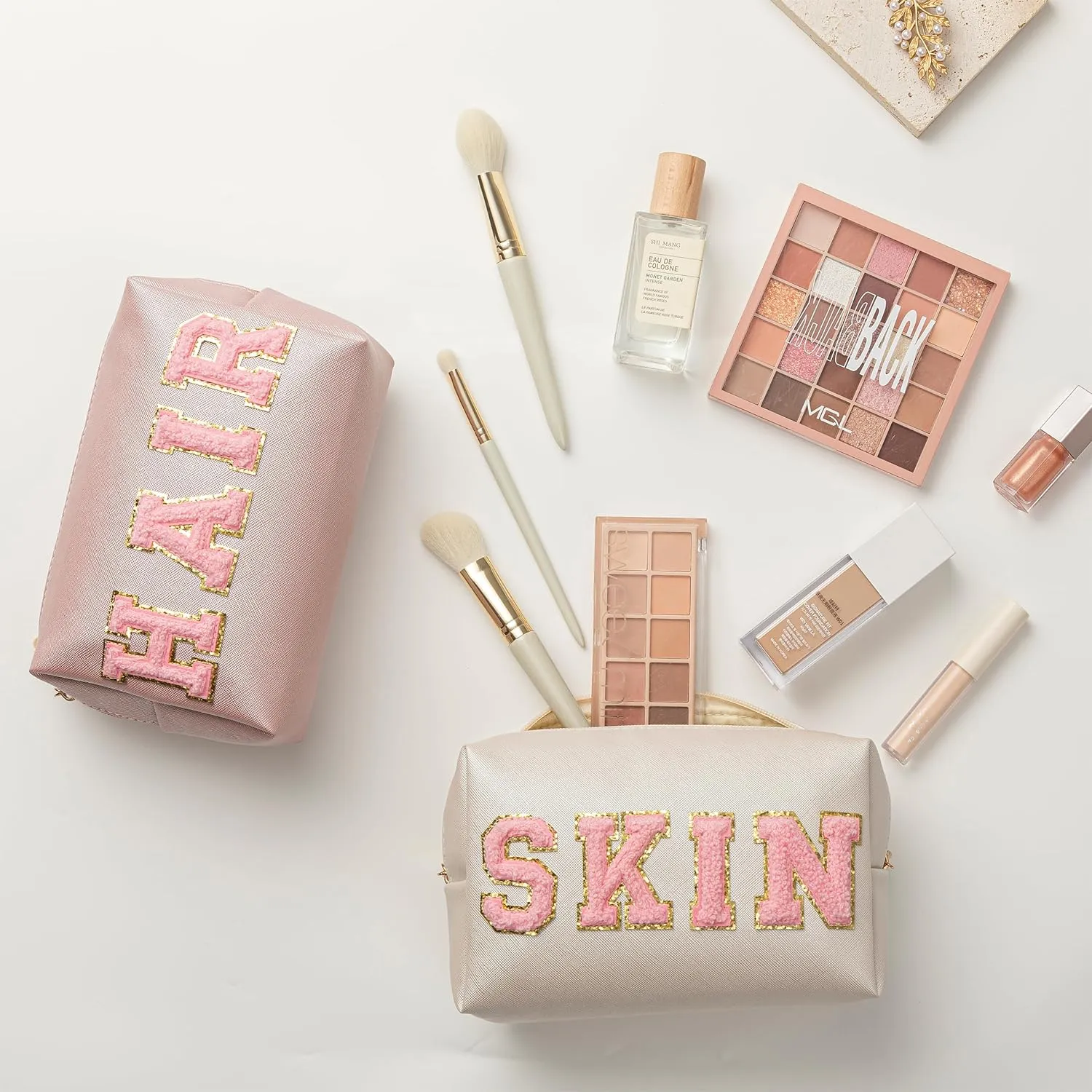 HBselect Mothers Day Gifts for Women Preppy Makeup Bag 6 Pcs Travel Toiletry Bag Chenille Letter Patch Makeup Bag Portable Cosmetic Bag for Women PU Leather Waterproof Organizer Make up Bag for Girls