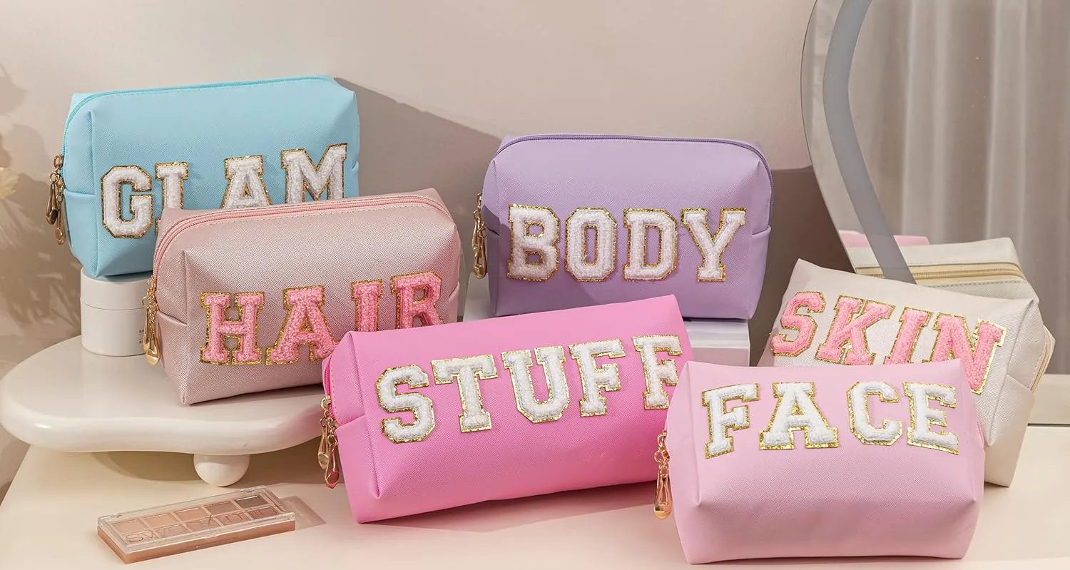 HBselect Mothers Day Gifts for Women Preppy Makeup Bag 6 Pcs Travel Toiletry Bag Chenille Letter Patch Makeup Bag Portable Cosmetic Bag for Women PU Leather Waterproof Organizer Make up Bag for Girls