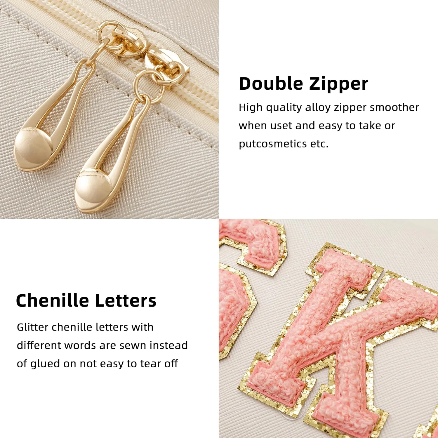 HBselect Mothers Day Gifts for Women Preppy Makeup Bag 6 Pcs Travel Toiletry Bag Chenille Letter Patch Makeup Bag Portable Cosmetic Bag for Women PU Leather Waterproof Organizer Make up Bag for Girls