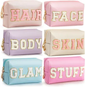 HBselect Mothers Day Gifts for Women Preppy Makeup Bag 6 Pcs Travel Toiletry Bag Chenille Letter Patch Makeup Bag Portable Cosmetic Bag for Women PU Leather Waterproof Organizer Make up Bag for Girls