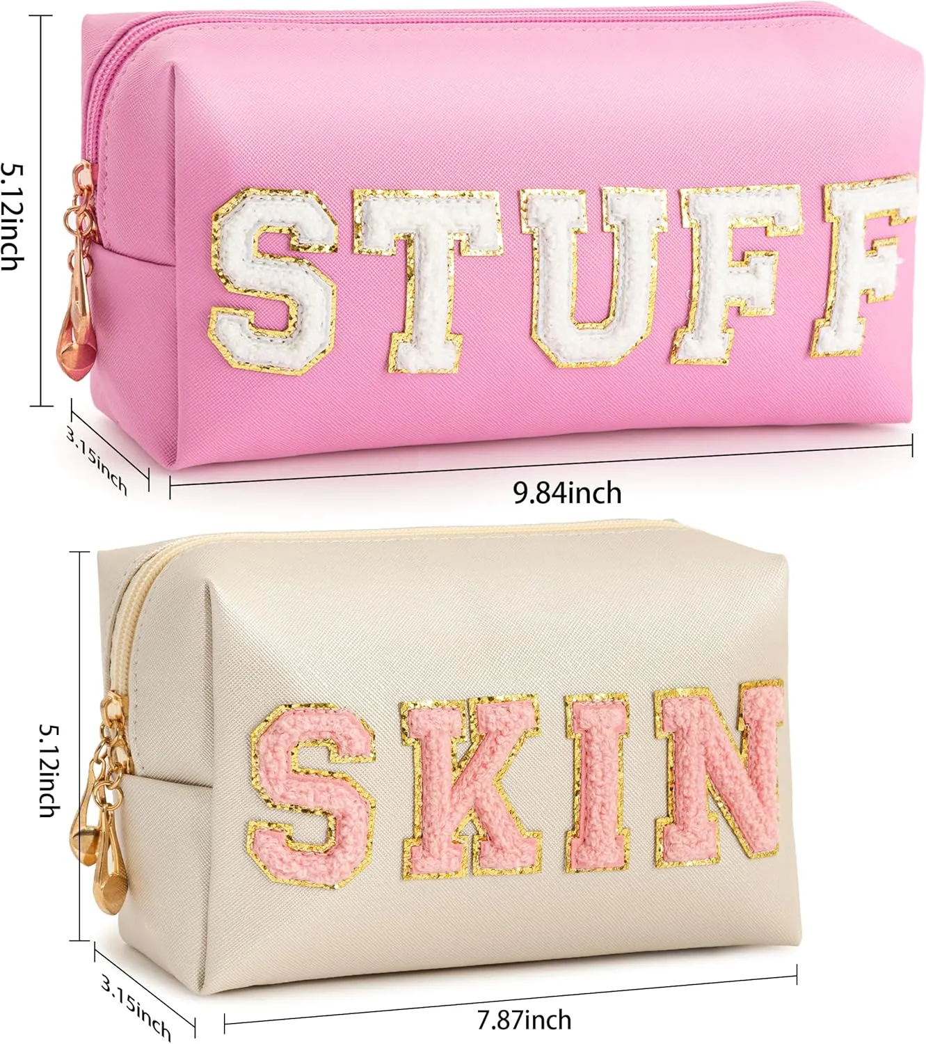 HBselect Mothers Day Gifts for Women Preppy Makeup Bag 6 Pcs Travel Toiletry Bag Chenille Letter Patch Makeup Bag Portable Cosmetic Bag for Women PU Leather Waterproof Organizer Make up Bag for Girls