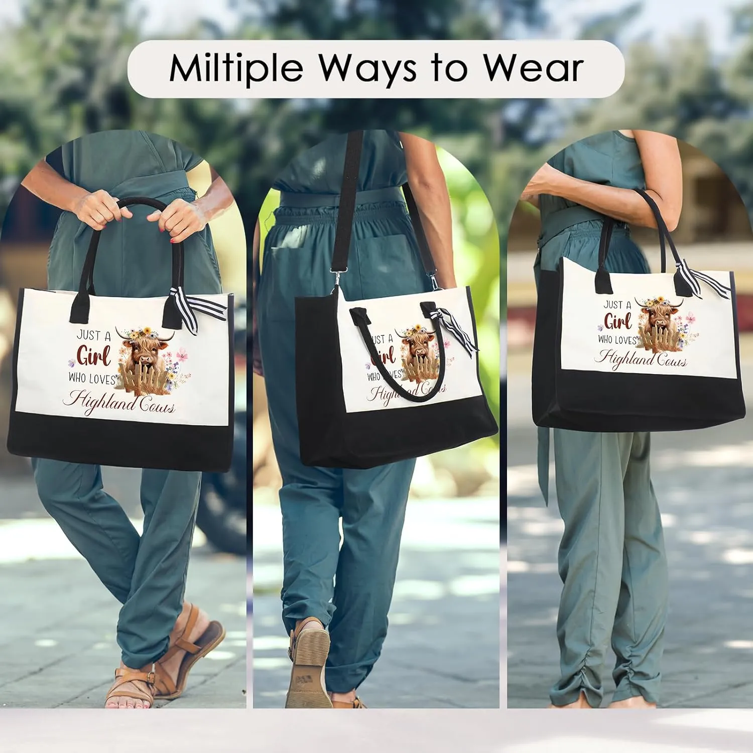 Highland Cow Tote Bag - JUST A GIRL Canvas Handbag Reusable Waterproof Beach Shopping Bags with Zipper Storage Large Bags For Women Girls Friends Birthday Gifts