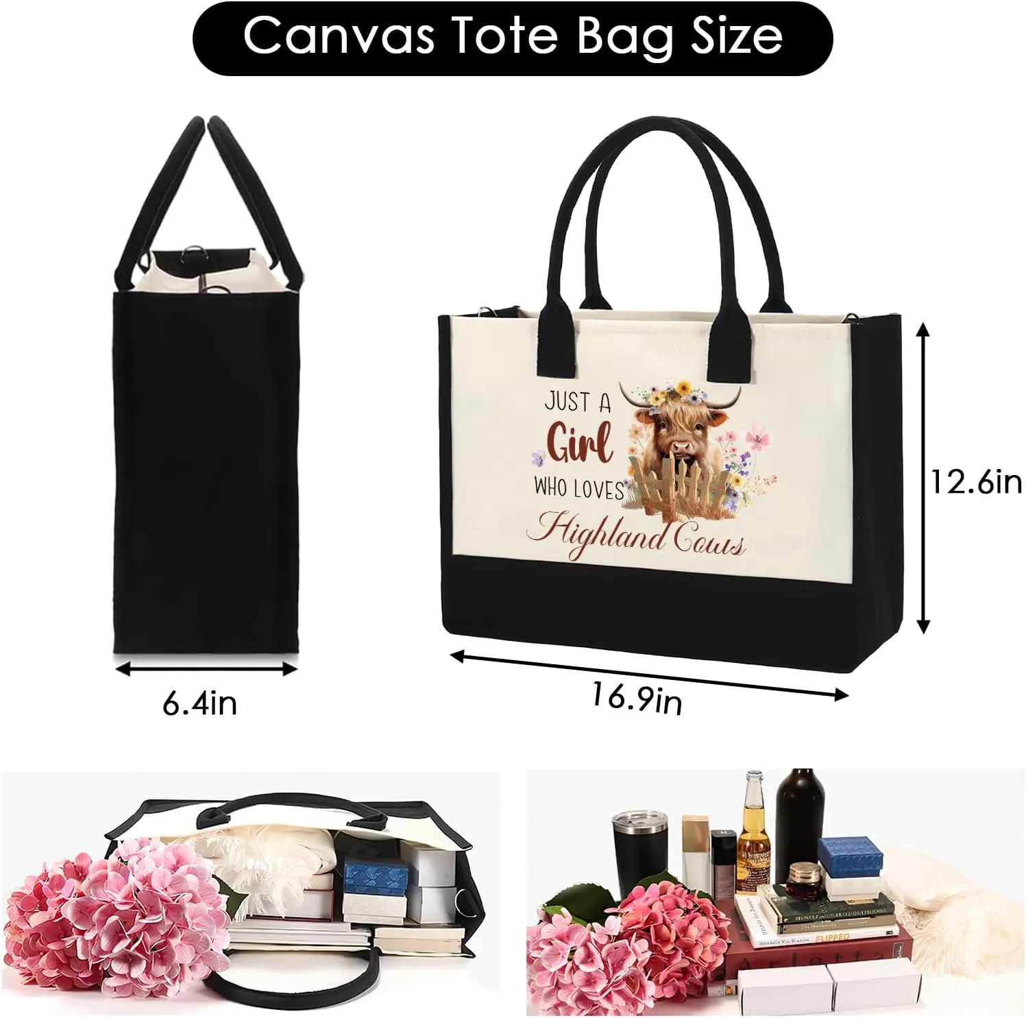 Highland Cow Tote Bag - JUST A GIRL Canvas Handbag Reusable Waterproof Beach Shopping Bags with Zipper Storage Large Bags For Women Girls Friends Birthday Gifts