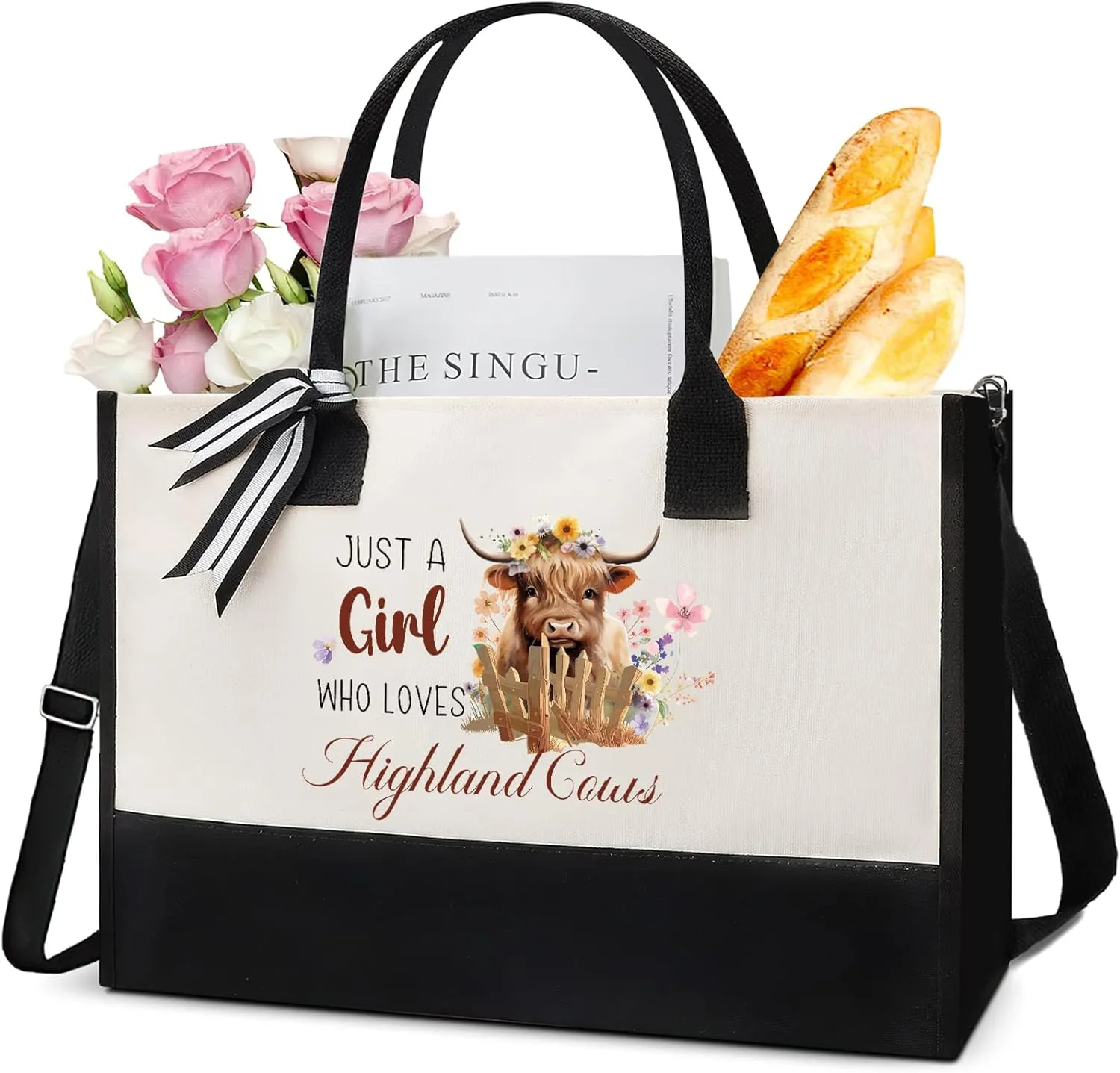 Highland Cow Tote Bag - JUST A GIRL Canvas Handbag Reusable Waterproof Beach Shopping Bags with Zipper Storage Large Bags For Women Girls Friends Birthday Gifts