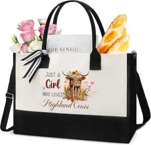 Highland Cow Tote Bag - JUST A GIRL Canvas Handbag Reusable Waterproof Beach Shopping Bags with Zipper Storage Large Bags For Women Girls Friends Birthday Gifts