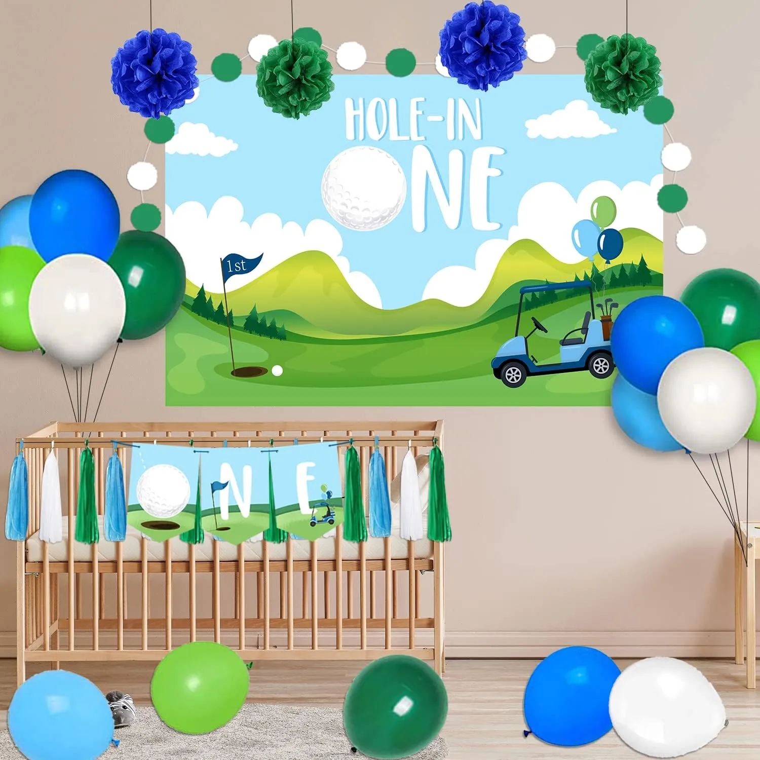 Hole in One Birthday Party Decorations Golf 1st Birthday High Chair Banner Golf Themed Backdrop Balloons for Boys Sports Themed Party Photo Props