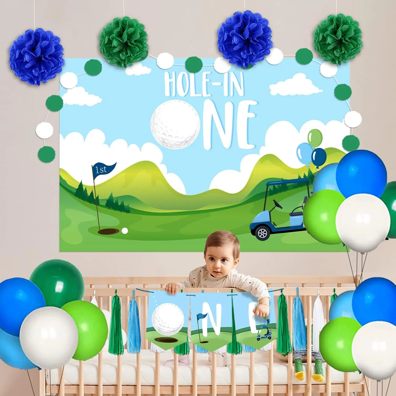 Hole in One Birthday Party Decorations Golf 1st Birthday High Chair Banner Golf Themed Backdrop Balloons for Boys Sports Themed Party Photo Props