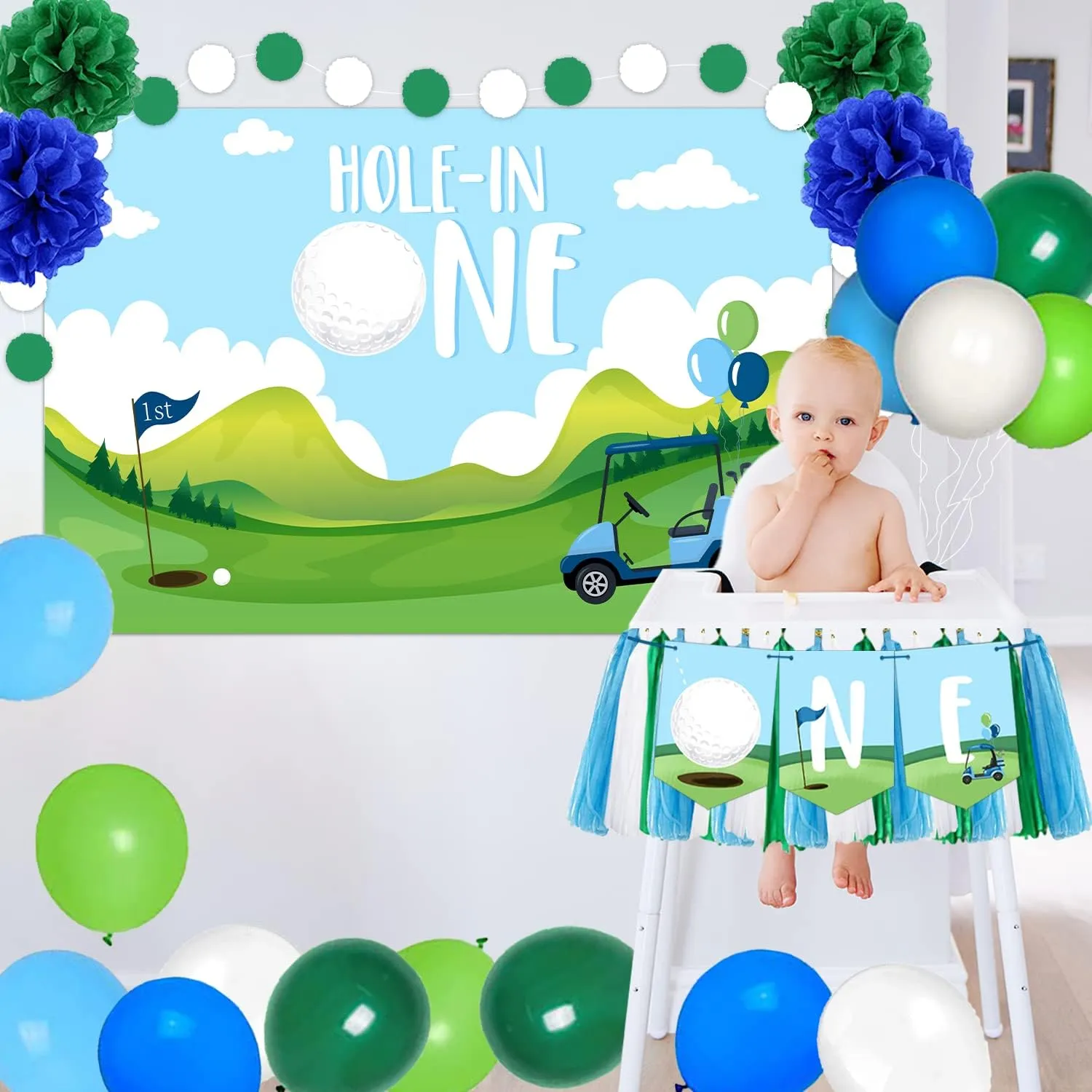Hole in One Birthday Party Decorations Golf 1st Birthday High Chair Banner Golf Themed Backdrop Balloons for Boys Sports Themed Party Photo Props